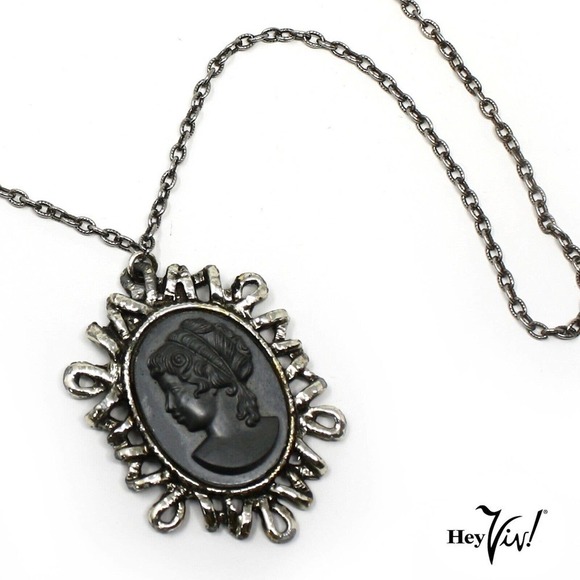 Vintage Large Black Cameo Necklace Chunky Abstract Pendant 24" Chain - Hey Viv - Picture 5 of 7